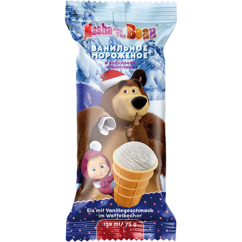 Ice cream Masha and the Bear with vanilla flavour in waffle cup, 130ml