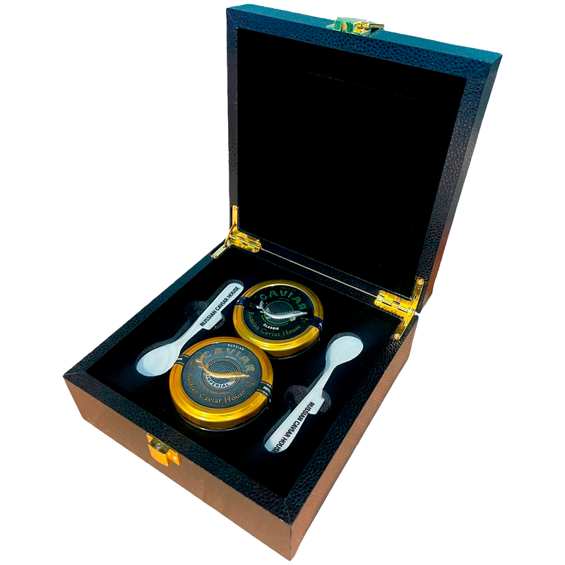 Black leather gift box, with 2 caviar spoons